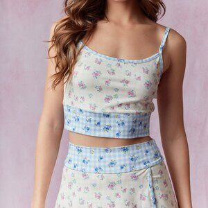 Gingham Floral Print Patchwork Sporty Crop Top